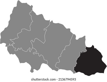 Black flat blank highlighted location map of the RAKHIV RAION inside gray raions map of the Ukrainian administrative area of Zakarpattia Oblast, Ukraine