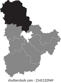 Black flat blank highlighted location map of the VYSHHOROD RAION inside gray raions map of the Ukrainian administrative area of Kyiv Oblast, Ukraine