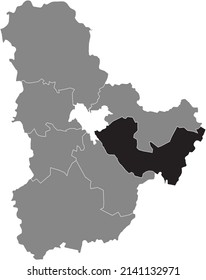 Schwarze, flache, hervorgehobene Standortkarte der BORYSPIL-RAION in grauer Landkarte des ukrainischen Verwaltungsbezirks Kiew Oblast, Ukraine