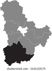 Black flat blank highlighted location map of the BILA TSERKVA RAION inside gray raions map of the Ukrainian administrative area of Kyiv Oblast, Ukraine