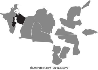 Black flat blank highlighted location map of the MIÐBORG DISTRICT inside gray administrative map of Reykjavik, Iceland