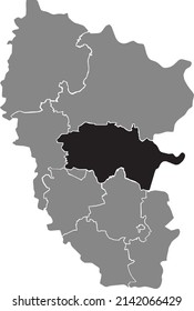 Black flat blank highlighted location map of the SHCHASTIA RAION inside gray raions map of the Ukrainian administrative area of Luhansk Oblast, Ukraine