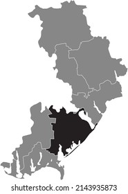 Black flat blank highlighted location map of the BILHOROD-DNISTROVSKYI RAION inside gray raions map of the Ukrainian administrative area of Odessa Oblast, Ukraine