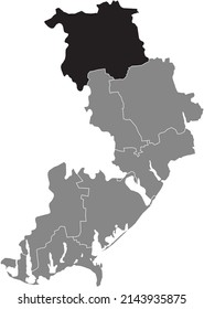 Black flat blank highlighted location map of the PODILSK RAION inside gray raions map of the Ukrainian administrative area of Odessa Oblast, Ukraine