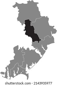 Black flat blank highlighted location map of the ROZDILNA RAION inside gray raions map of the Ukrainian administrative area of Odessa Oblast, Ukraine