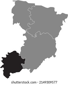 Black Flat Blank Highlighted Location Map Of The DUBNO RAION Inside Gray Raions Map Of The Ukrainian Administrative Area Of Rivne Oblast, Ukraine