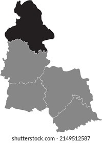 Black flat blank highlighted location map of the SHOSTKA RAION inside gray raions map of the Ukrainian administrative area of Sumy Oblast, Ukraine