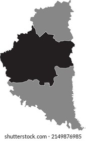 Black flat blank highlighted location map of the TERNOPIL RAION inside gray raions map of the Ukrainian administrative area of Ternopil Oblast, Ukraine
