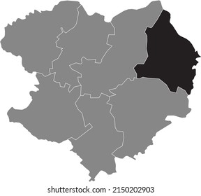 Black flat blank highlighted location map of the KUPIANSK RAION inside gray raions map of the Ukrainian administrative area of Kharkiv Oblast, Ukraine