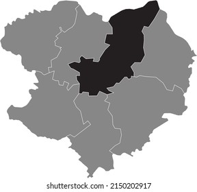 Black flat blank highlighted location map of the CHUHUIV RAION inside gray raions map of the Ukrainian administrative area of Kharkiv Oblast, Ukraine
