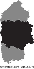 Black flat blank highlighted location map of the KHMELNYTSKYI RAION inside gray raions map of the Ukrainian administrative area of Khmelnytskyi Oblast, Ukraine