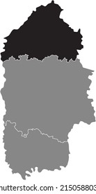 Black flat blank highlighted location map of the SHEPETIVKA RAION inside gray raions map of the Ukrainian administrative area of Khmelnytskyi Oblast, Ukraine