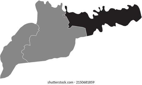 Black flat blank highlighted location map of the DNISTROVSKYI RAION inside gray raions map of the Ukrainian administrative area of Chernivtsi Oblast, Ukraine