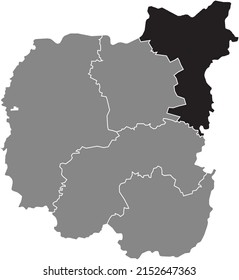 Black flat blank highlighted location map of the NOVHOROD-SIVERSKYI RAION inside gray raions map of the Ukrainian administrative area of Chernihiv Oblast, Ukraine