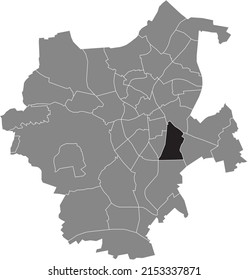 Black flat blank highlighted location map of the MÜLFORT DISTRICT inside gray administrative map of Mönchengladbach, Germany