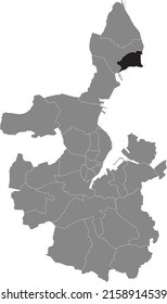 Black flat blank highlighted location map of the FRIEDRICHSORT DISTRICT inside gray administrative map of Kiel, Germany