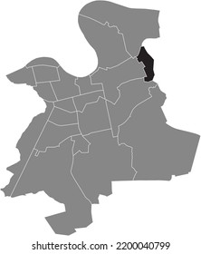 Black flat blank highlighted location map of the 
WALDHEIM DISTRICT inside gray administrative map of Offenbach am Main, Germany