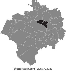 Black flat blank highlighted location map of the HAKEDAHL DISTRICT inside gray administrative map of DETMOLD, Germany