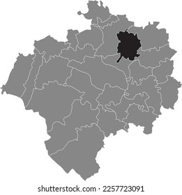 Black flat blank highlighted location map of the BROKHAUSEN DISTRICT inside gray administrative map of DETMOLD, Germany
