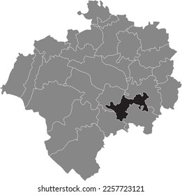 Black flat blank highlighted location map of the REMMIGHAUSEN DISTRICT inside gray administrative map of DETMOLD, Germany
