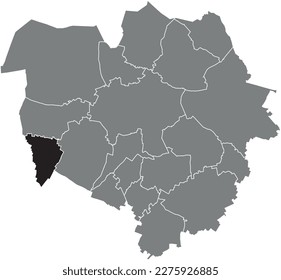 Black flat blank highlighted location map of the  FLÉNU DISTRICT inside gray administrative map of MONS, Belgium