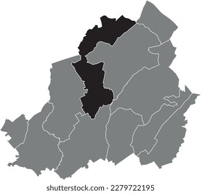 Black flat blank highlighted location map of the HOUDENG-AIMERIES MUNICIPALITY inside gray administrative map of LA LOUVIÈRE, Belgium