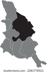 Schwarze, flach markierte, farbige Standortkarte der KORTRIJK MUNICIPALITY in grauem Stadtplan von KORTRIJK, Belgien