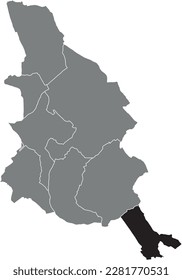 Black flat blank highlighted location map of the KOOIGEM MUNICIPALITY inside gray administrative map of KORTRIJK, Belgium