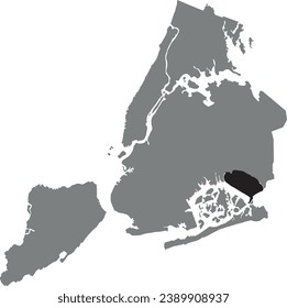 Black flat blank highlighted location map of the JFK INTERNATIONAL AIRPORT inside gray administrative map of NEW YORK CITY, UNITED STATES