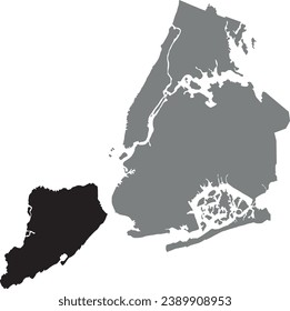 Black flat blank highlighted location map of the STATEN ISLAND BOROUGH inside gray administrative map of NEW YORK CITY, UNITED STATES