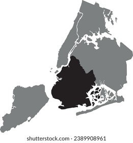 Black flat blank highlighted location map of the BROOKLYN BOROUGH inside gray administrative map of NEW YORK CITY, UNITED STATES