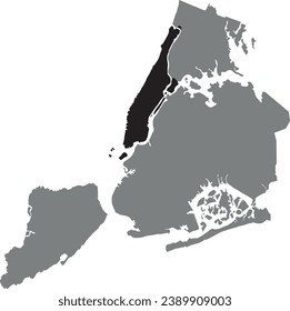 Black flat blank highlighted location map of the MANHATTAN, BOROUGH inside gray administrative map of NEW YORK CITY, UNITED STATES