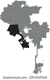 Schwarz flache, farbige, hervorgehobene Standortkarte des 11. DISTRICT in grauer Verwaltungskarte des RATES LOS ANGELES