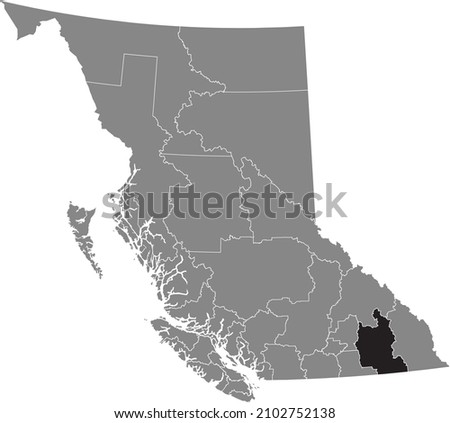 Black flat blank highlighted location map of the CENTRAL KOOTENAY regional district inside gray administrative map of the Canadian province of British Columbia, Canada