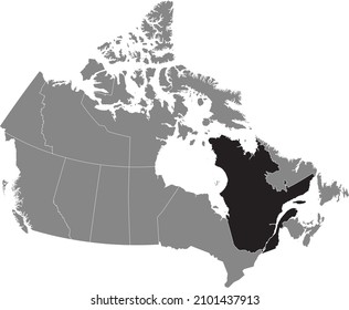 Black flat blank highlighted locator administrative map of the Canadian province of QUEBEC inside gray flat map of CANADA