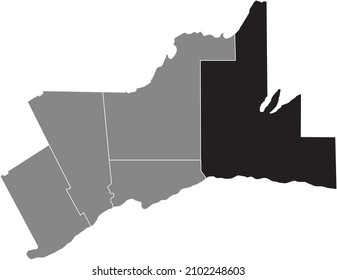 Black flat blank highlighted locator map of the DURHAM REGION inside gray administrative map of Greater Toronto Area