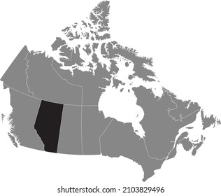 Black flat blank highlighted locator administrative map of the Canadian province of ALBERTA inside gray flat map of CANADA