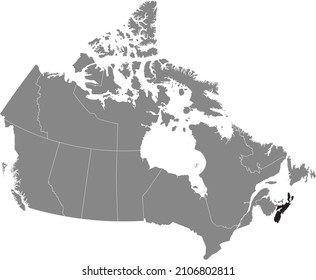 Black flat blank highlighted locator administrative map of the Canadian province of NOVA SCOTIA inside gray flat map of CANADA