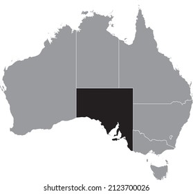 Black flat blank highlighted locator administrative map of the Australian state of SOUTH AUSTRALIA inside gray flat map of AUSTRALIA
