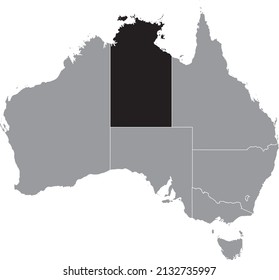 Black flat blank highlighted locator administrative map of the Australian territory of NORTHERN TERRITORY inside gray flat map of AUSTRALIA