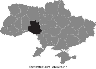 Black flat blank highlighted locator map of the Ukrainian administrative area of VINNYTSIA OBLAST inside gray flat map of UKRAINE