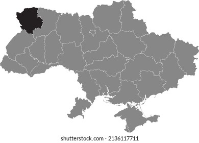 Black flat blank highlighted locator map of the Ukrainian administrative area of VOLYN OBLAST inside gray flat map of UKRAINE
