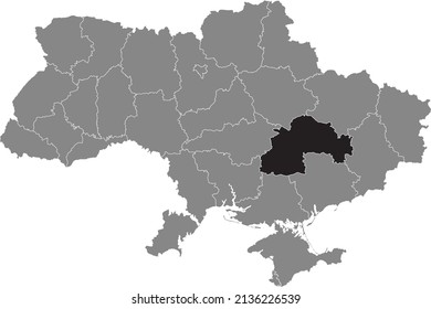 Mapa de localizador resaltado en blanco y negro del área administrativa ucraniana del OBLAST DNIPROPETROVSK (SICHESLAV) dentro del mapa plano gris de UCRANIA
