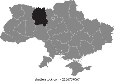 Black flat blank highlighted locator map of the Ukrainian administrative area of ZHYTOMYR OBLAST inside gray flat map of UKRAINE