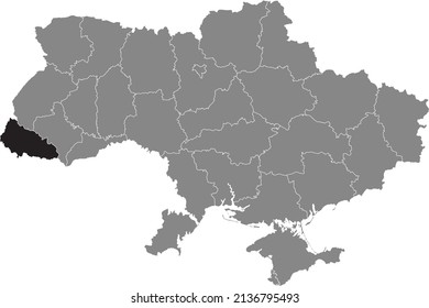 Black flat blank highlighted locator map of the Ukrainian administrative area of ZAKARPATTIA OBLAST inside gray flat map of UKRAINE