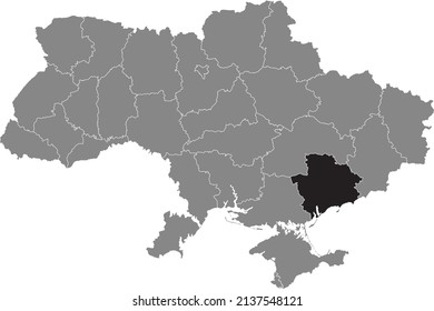 Black flat blank highlighted locator map of the Ukrainian administrative area of ZAPORIZHIA OBLAST inside gray flat map of UKRAINE