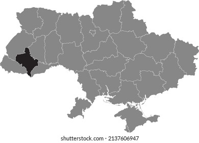 Black flat blank highlighted locator map of the Ukrainian administrative area of IVANO-FRANKIVSK OBLAST inside gray flat map of UKRAINE