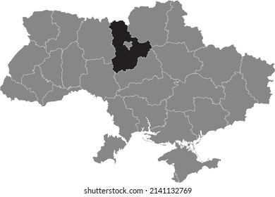 Mapa de localizador resaltado en blanco y negro del área administrativa ucraniana del OBLAST KIEV dentro del mapa plano gris de UCRANIA