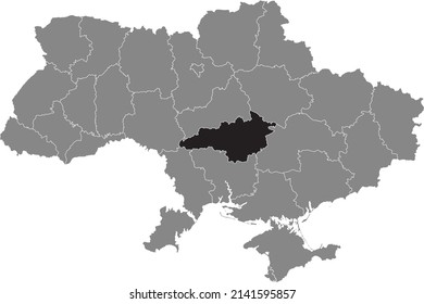 Black flat blank highlighted locator map of the Ukrainian administrative area of KIROVOHRAD OBLAST inside gray flat map of UKRAINE