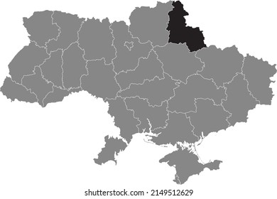 Black flat blank highlighted locator map of the Ukrainian administrative area of SUMY OBLAST inside gray flat map of UKRAINE